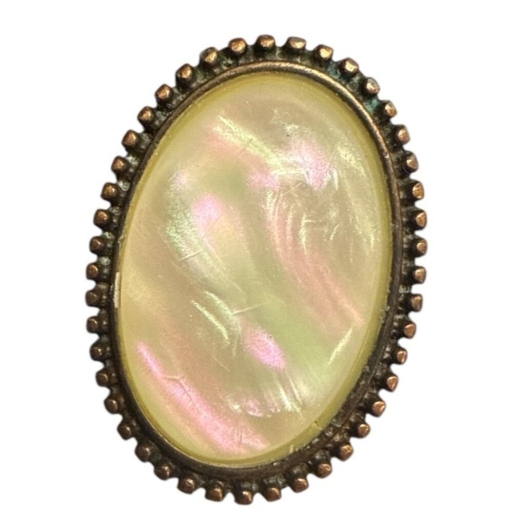 Antique-Style Thick Copper Ring Mother Of Pearl Oval Stone Intricate Textures